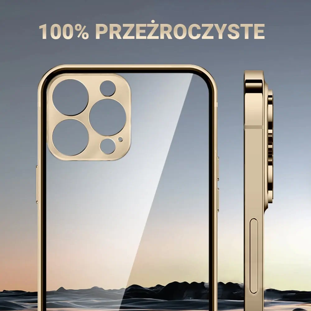 Etui do iPhone 13 Pro Max Ibizu Elite Skin, krystalicznie czyste z metalową ramką, złote