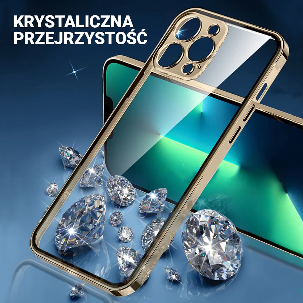 Etui do iPhone 13 Pro Max Ibizu Elite Skin, krystalicznie czyste z metalową ramką, złote