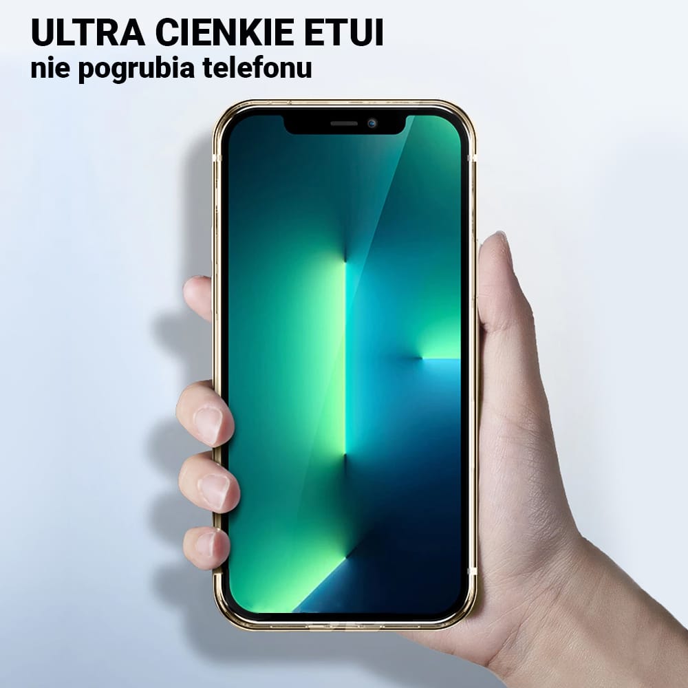 Etui do iPhone 13 Pro Max Ibizu Elite Skin, krystalicznie czyste z metalową ramką, złote
