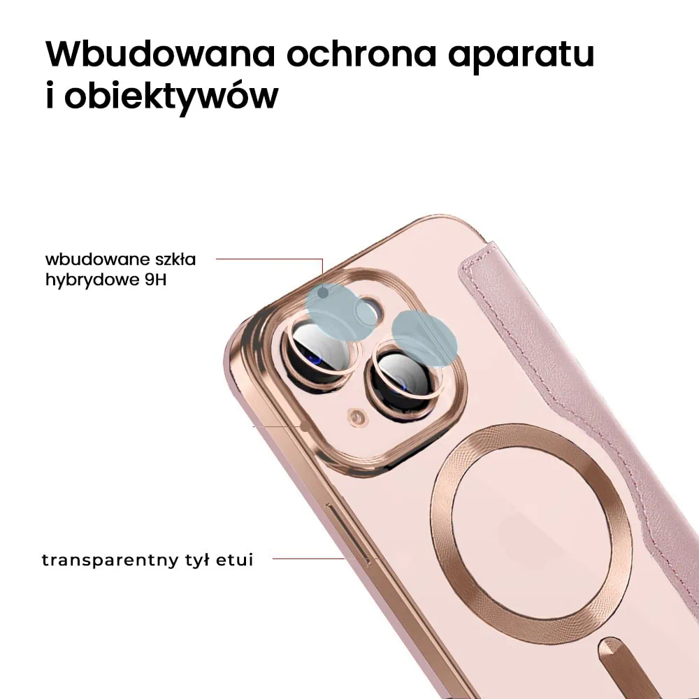Etui do iPhone 13 typu książka Book Magsafe Lens Protect, z klapką, różowe