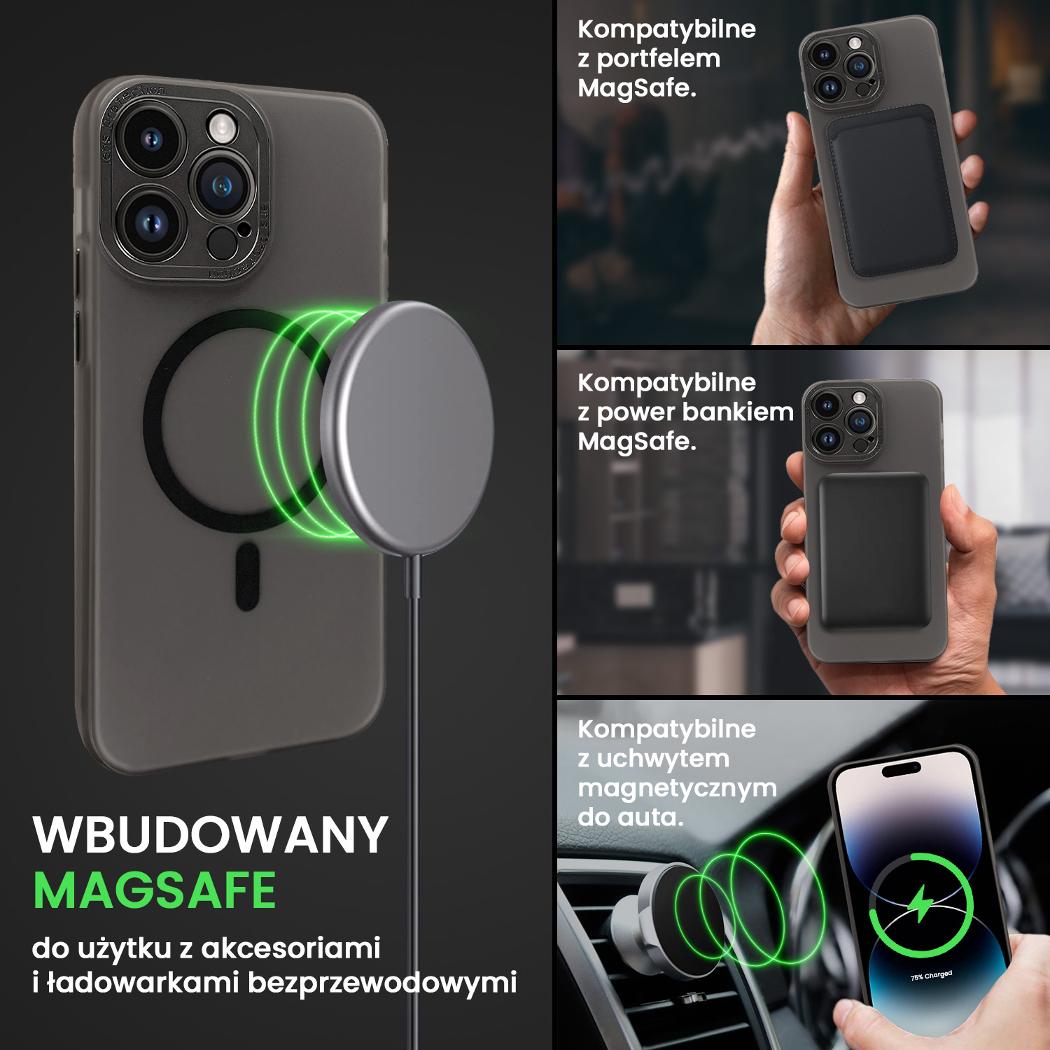 Etui do iPhone 14 Pro Black Crown Protective Matte, matowe z MagSafe, półprzeźroczyste grafitowe