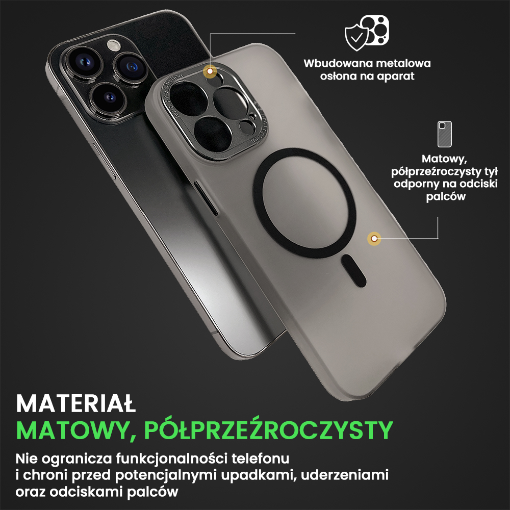 Etui do iPhone 14 Pro Black Crown Protective Matte, matowe z MagSafe, półprzeźroczyste grafitowe