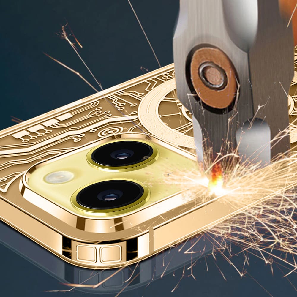 Etui do iPhone 14 ClockWork MagSafe, przeźroczyste z mechanizmem w środku, złote