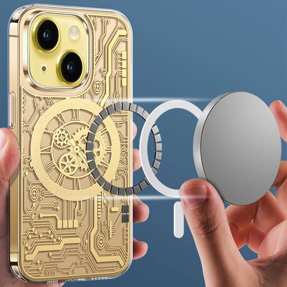 Etui do iPhone 14 ClockWork MagSafe, przeźroczyste z mechanizmem w środku, złote