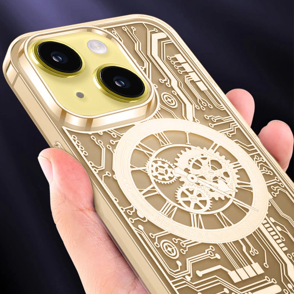 Etui do iPhone 14 ClockWork MagSafe, przeźroczyste z mechanizmem w środku, złote
