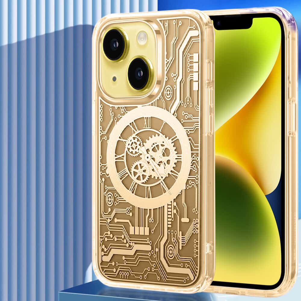 Etui do iPhone 14 ClockWork MagSafe, przeźroczyste z mechanizmem w środku, złote