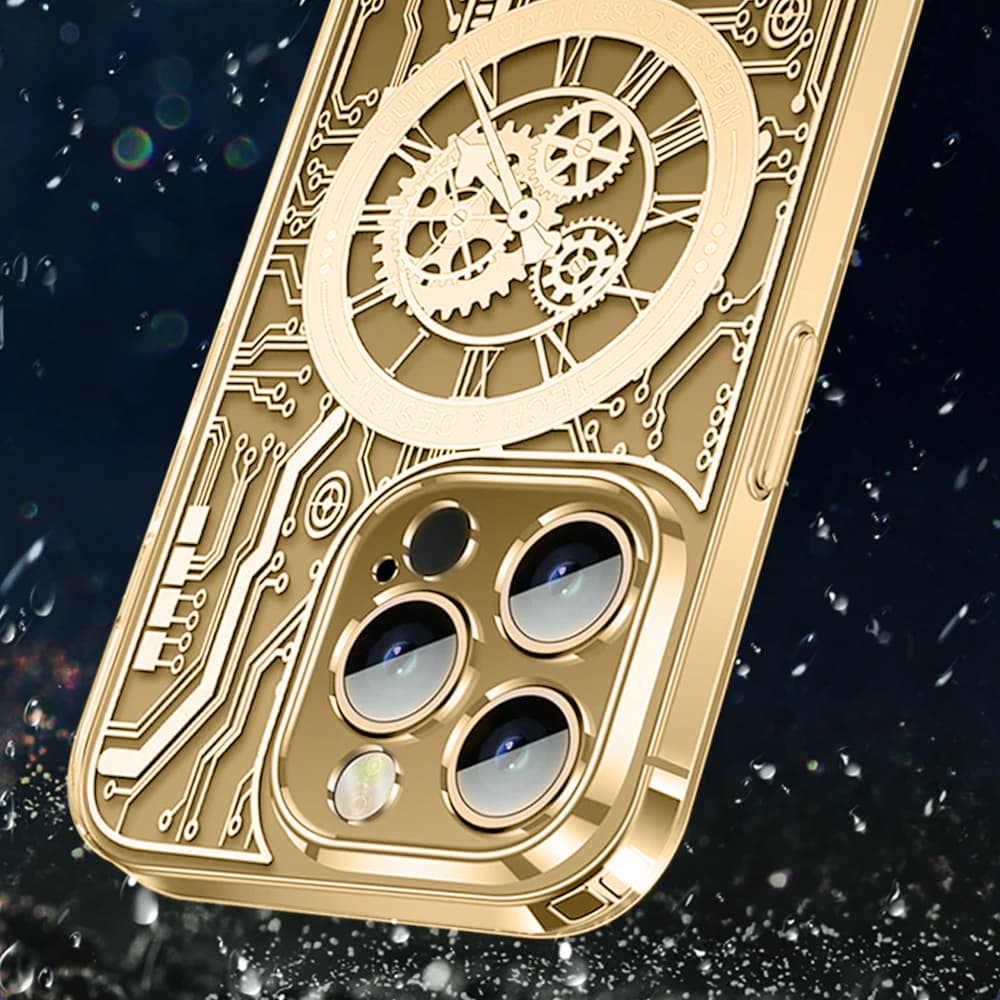 Etui do iPhone 14 Pro ClockWork MagSafe, przeźroczyste z mechanizmem w środku, złote