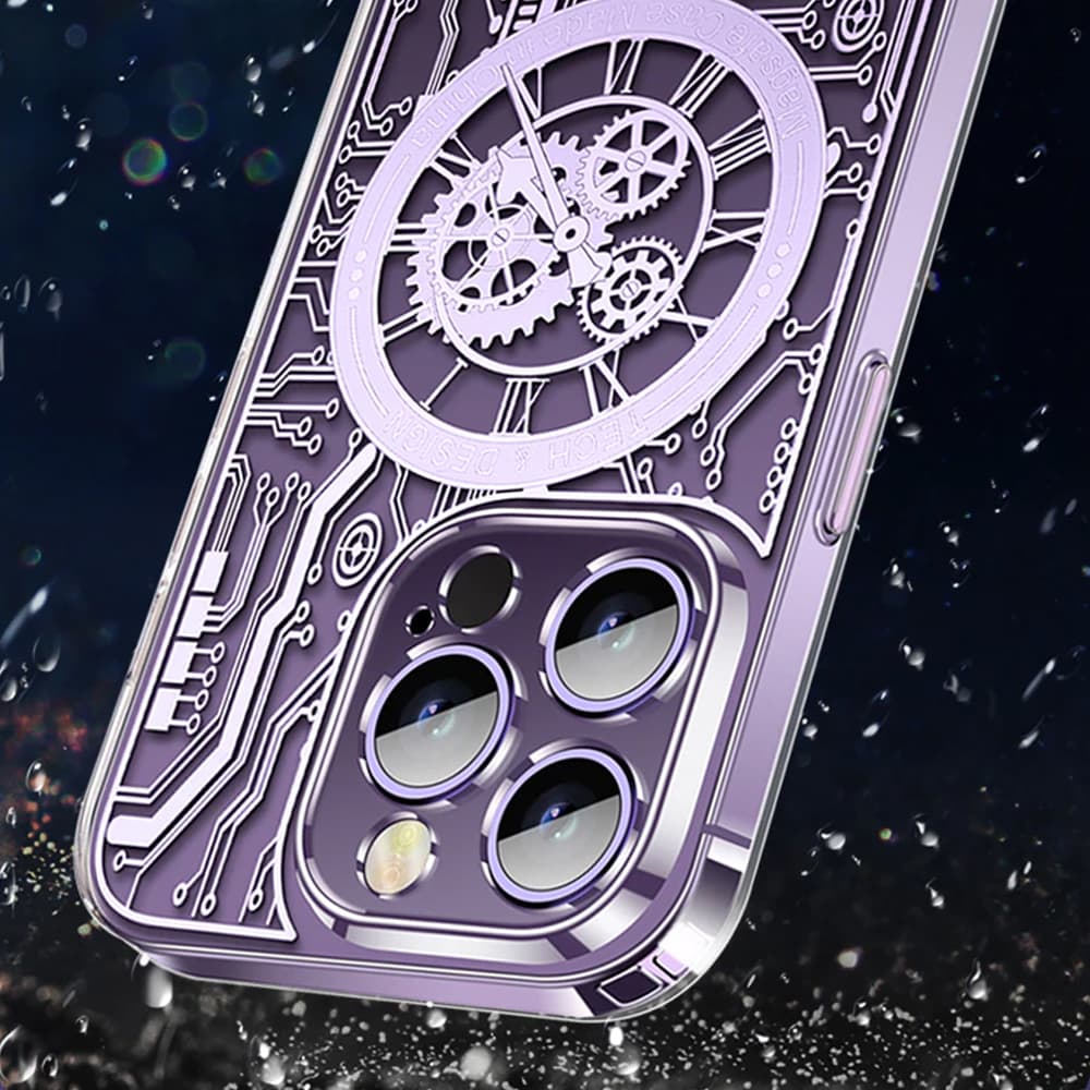 Etui do iPhone 14 Pro ClockWork MagSafe, przeźroczyste z mechanizmem w środku, głęboka purpura