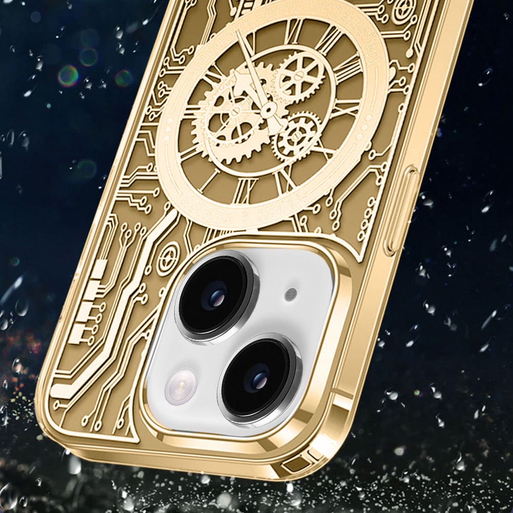 Etui do iPhone 13 ClockWork MagSafe, przeźroczyste z mechanizmem w środku, złote