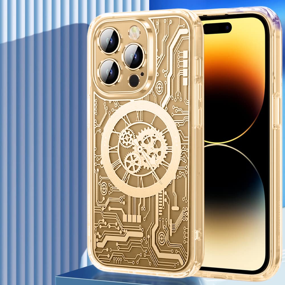 Etui do iPhone 14 Pro ClockWork MagSafe, przeźroczyste z mechanizmem w środku, złote