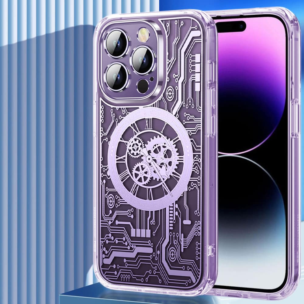 Etui do iPhone 14 Pro ClockWork MagSafe, przeźroczyste z mechanizmem w środku, głęboka purpura