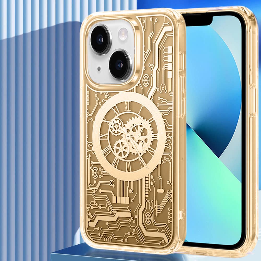 Etui do iPhone 13 ClockWork MagSafe, przeźroczyste z mechanizmem w środku, złote