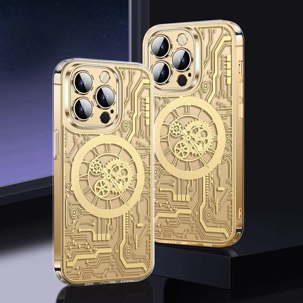Etui do iPhone 14 Pro ClockWork MagSafe, przeźroczyste z mechanizmem w środku, złote
