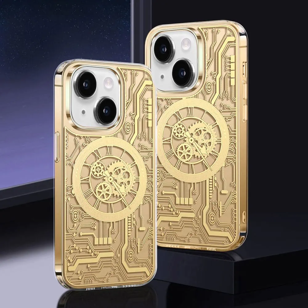 Etui do iPhone 13 ClockWork MagSafe, przeźroczyste z mechanizmem w środku, złote