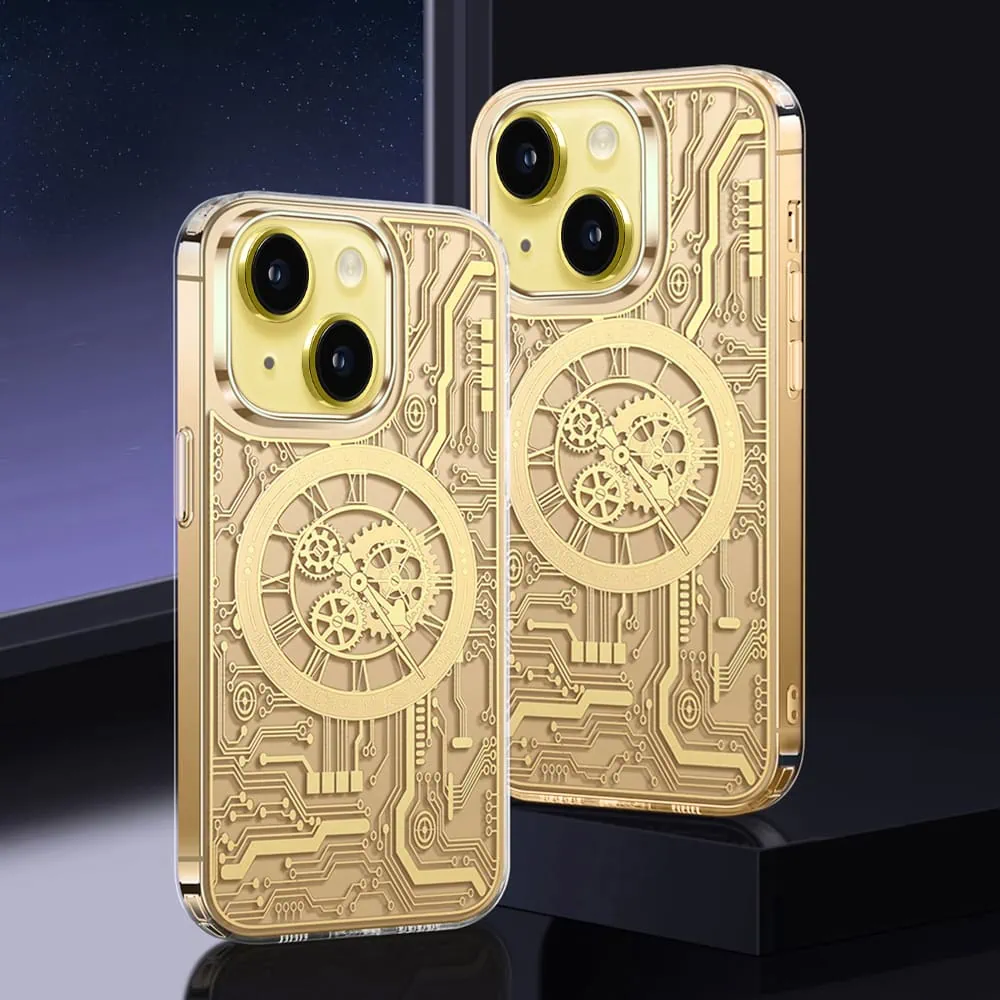 Etui do iPhone 14 ClockWork MagSafe, przeźroczyste z mechanizmem w środku, złote