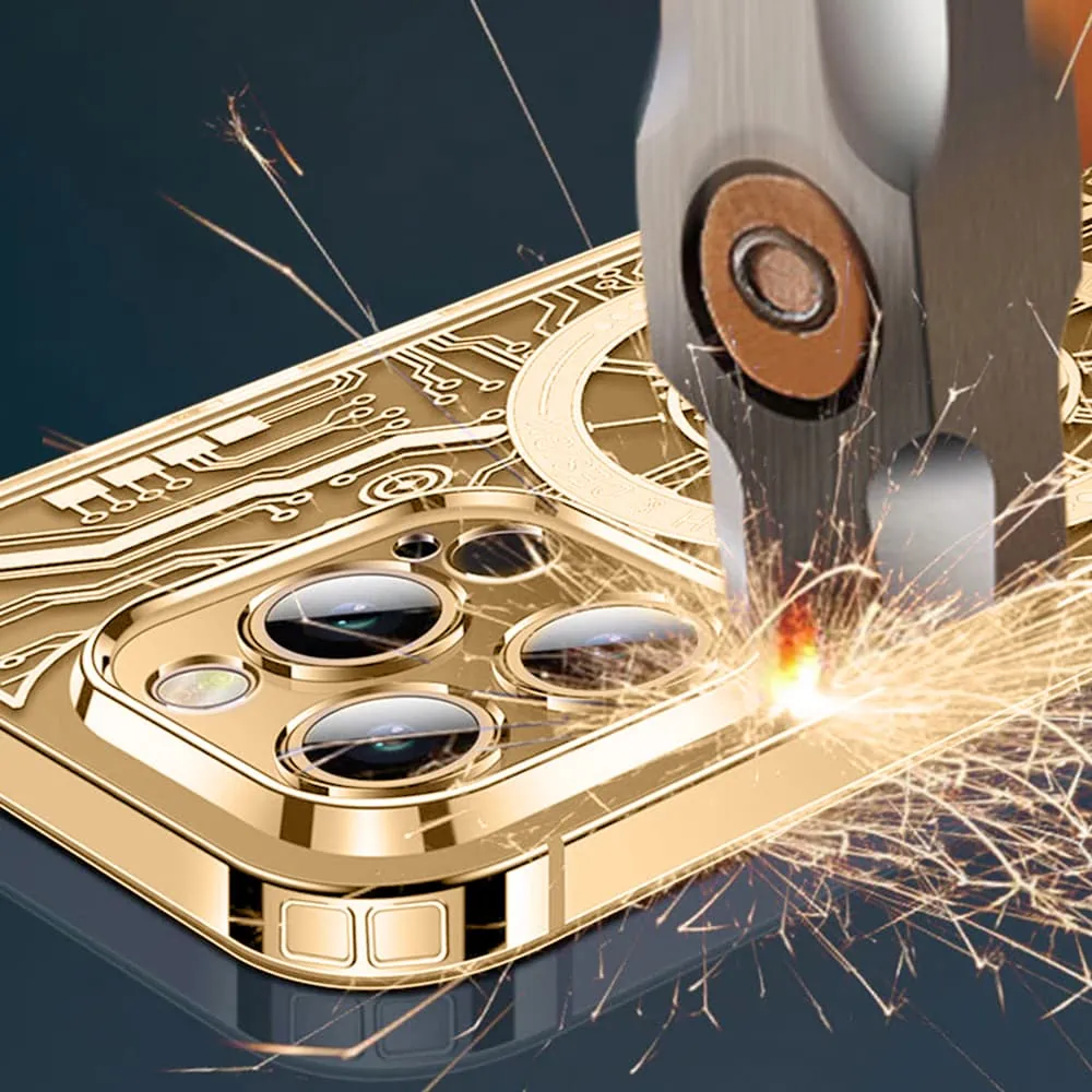 Etui do iPhone 14 Pro ClockWork MagSafe, przeźroczyste z mechanizmem w środku, złote