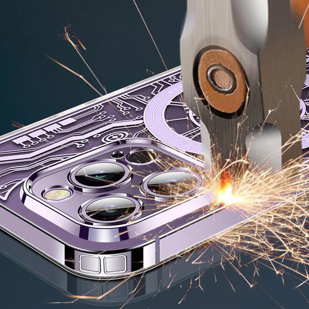 Etui do iPhone 14 Pro ClockWork MagSafe, przeźroczyste z mechanizmem w środku, głęboka purpura