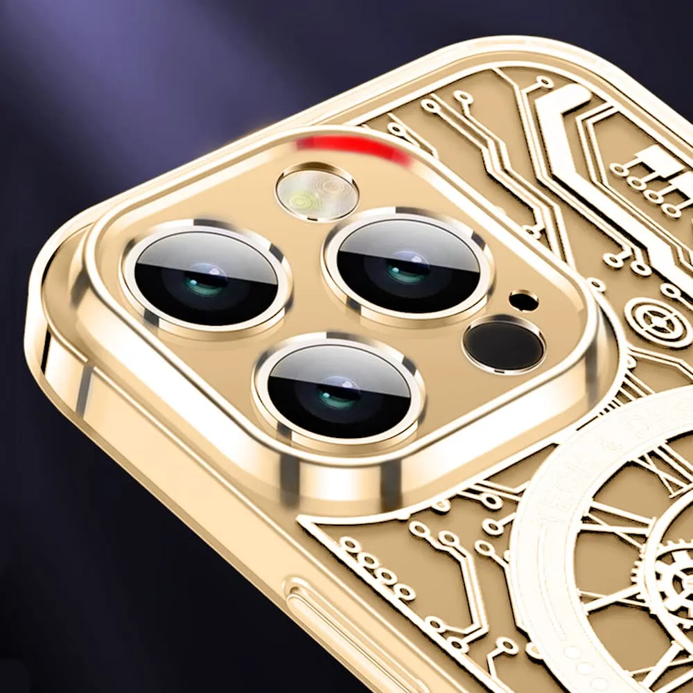 Etui do iPhone 14 Pro ClockWork MagSafe, przeźroczyste z mechanizmem w środku, złote