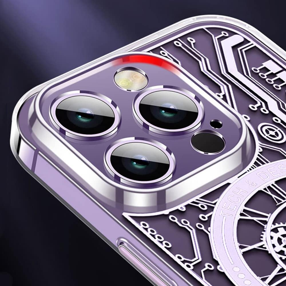 Etui do iPhone 14 Pro ClockWork MagSafe, przeźroczyste z mechanizmem w środku, głęboka purpura