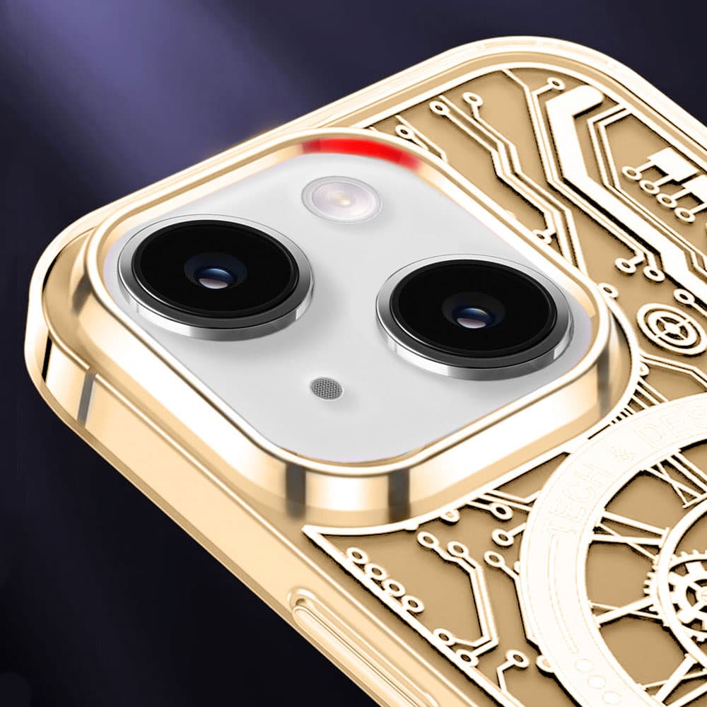 Etui do iPhone 13 ClockWork MagSafe, przeźroczyste z mechanizmem w środku, złote
