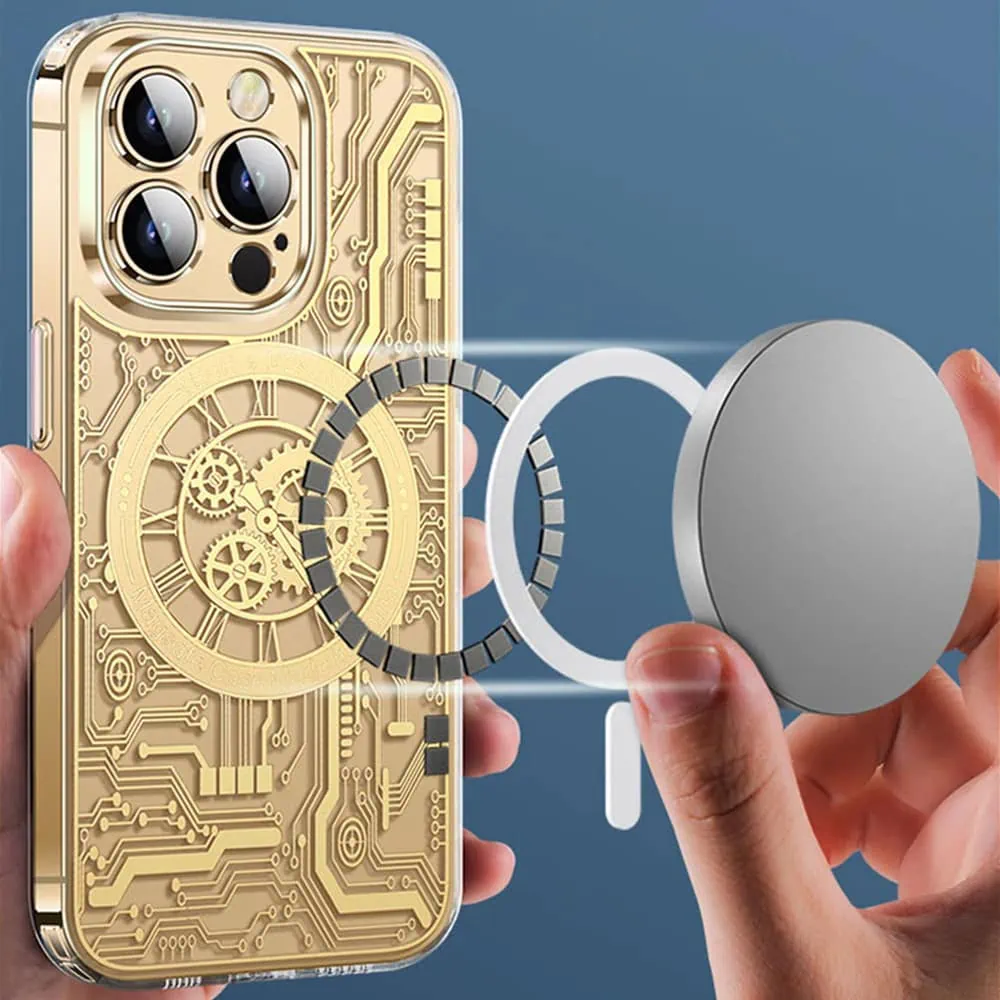 Etui do iPhone 14 Pro ClockWork MagSafe, przeźroczyste z mechanizmem w środku, złote