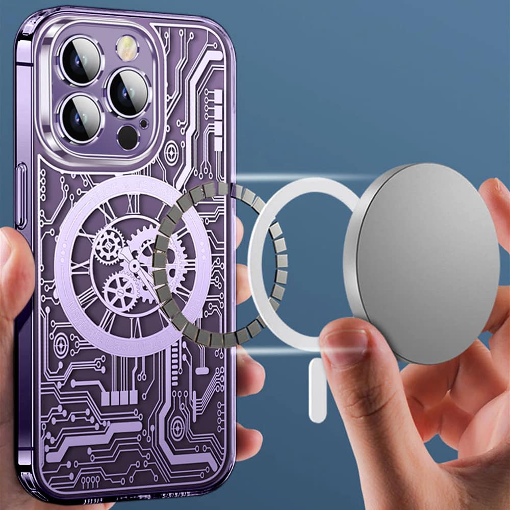 Etui do iPhone 14 Pro ClockWork MagSafe, przeźroczyste z mechanizmem w środku, głęboka purpura