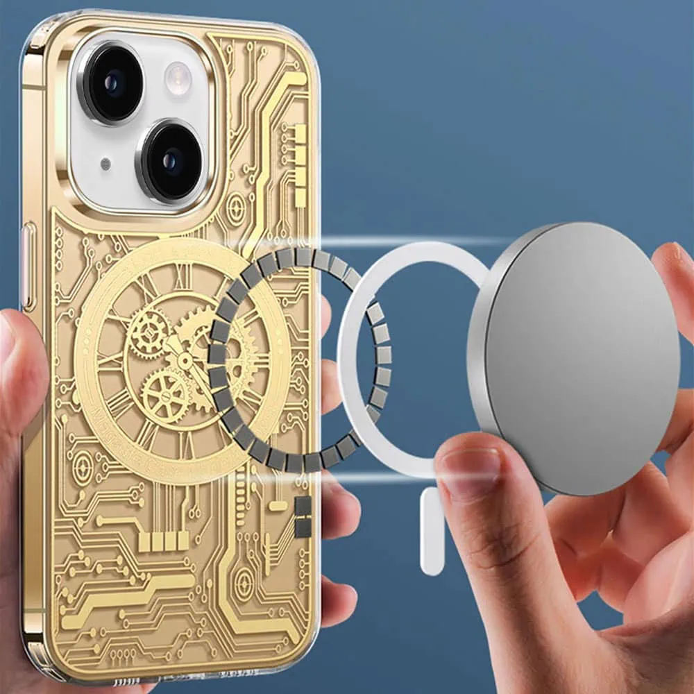Etui do iPhone 13 ClockWork MagSafe, przeźroczyste z mechanizmem w środku, złote
