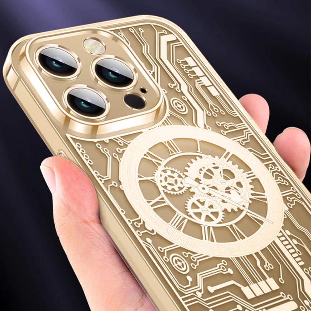Etui do iPhone 14 Pro ClockWork MagSafe, przeźroczyste z mechanizmem w środku, złote
