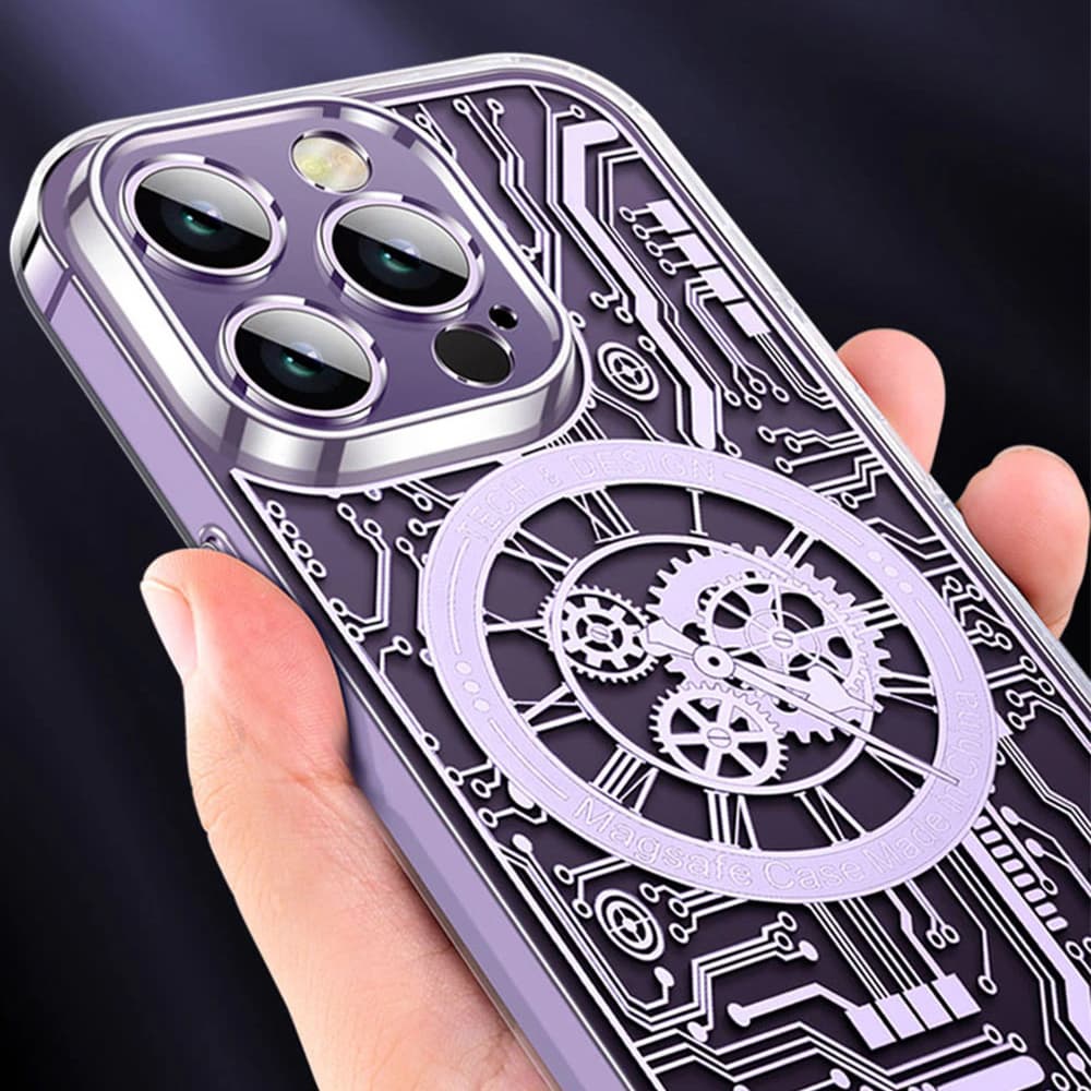Etui do iPhone 14 Pro ClockWork MagSafe, przeźroczyste z mechanizmem w środku, głęboka purpura