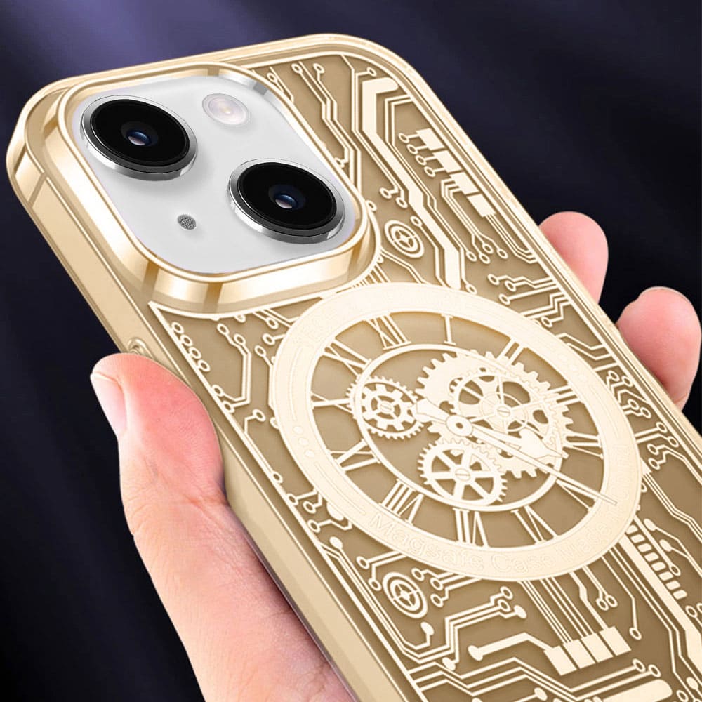 Etui do iPhone 13 ClockWork MagSafe, przeźroczyste z mechanizmem w środku, złote