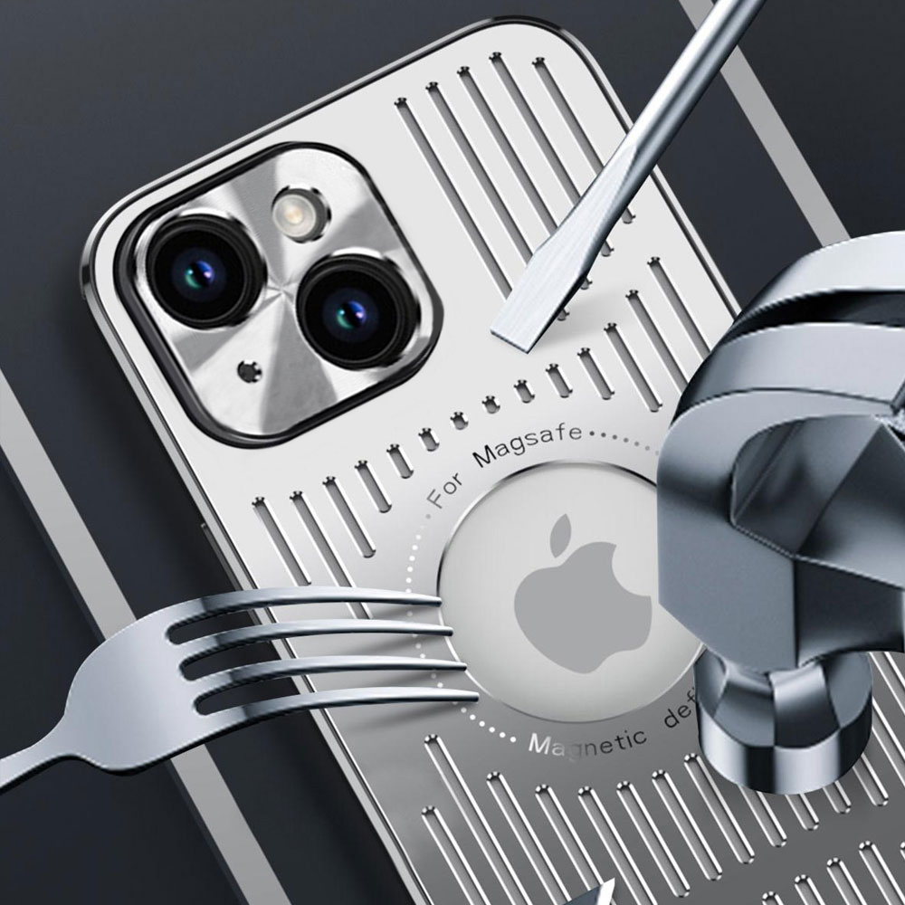 Etui do iPhone 14 Metal Defender z osłoną aparatu, metalowe z widocznym logo, srebrne