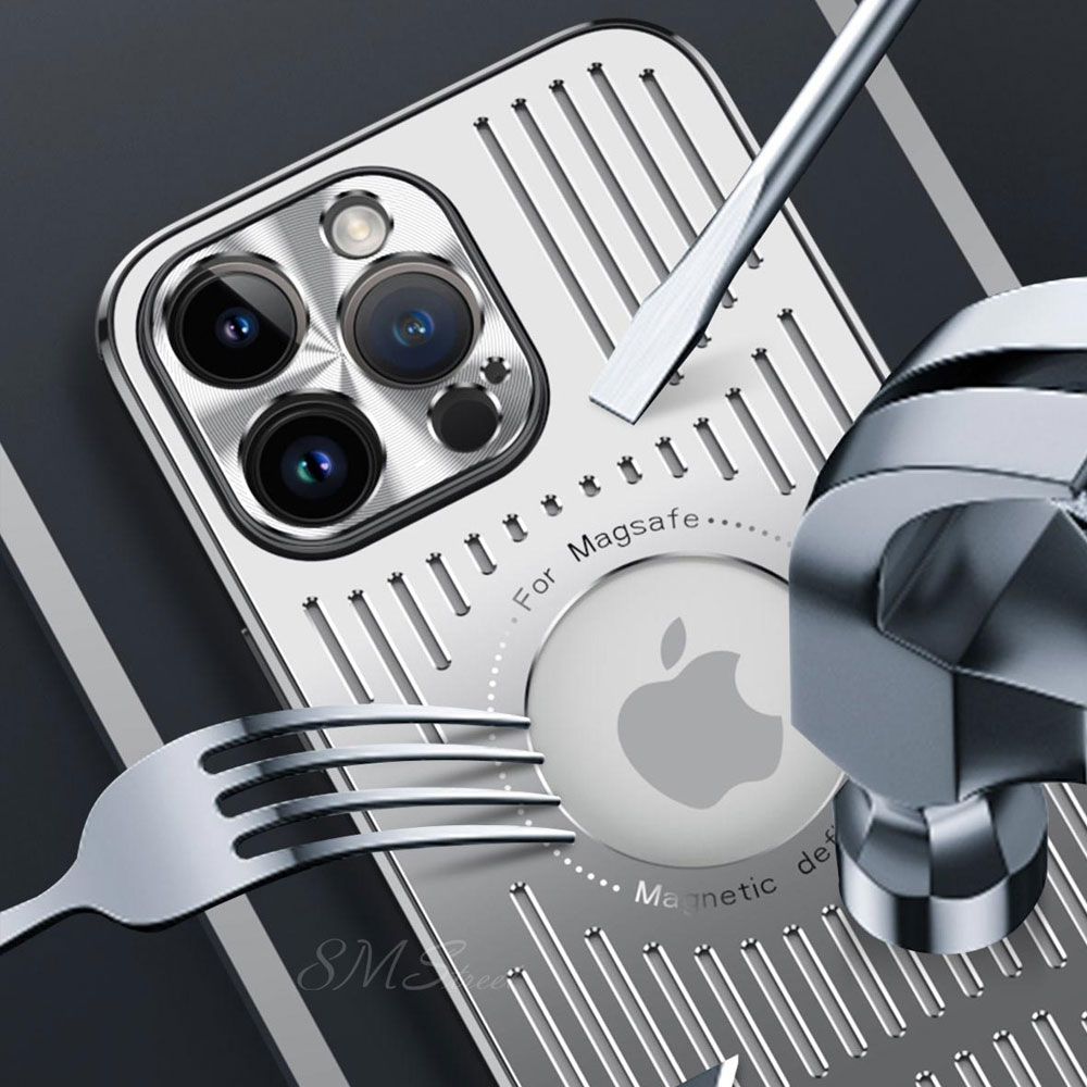 Etui do iPhone 14 Pro Metal Defender z osłoną aparatu, metalowe z widocznym logo, srebrne