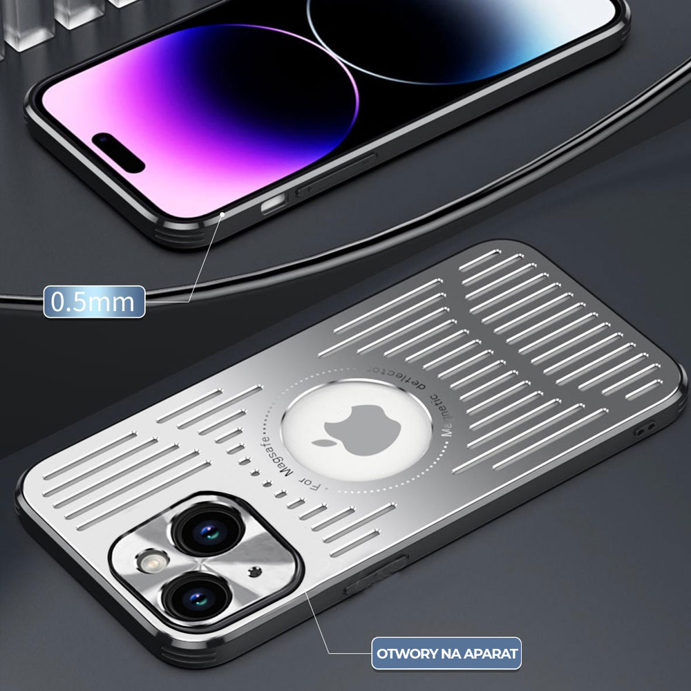 Etui do iPhone 14 Metal Defender z osłoną aparatu, metalowe z widocznym logo, srebrne