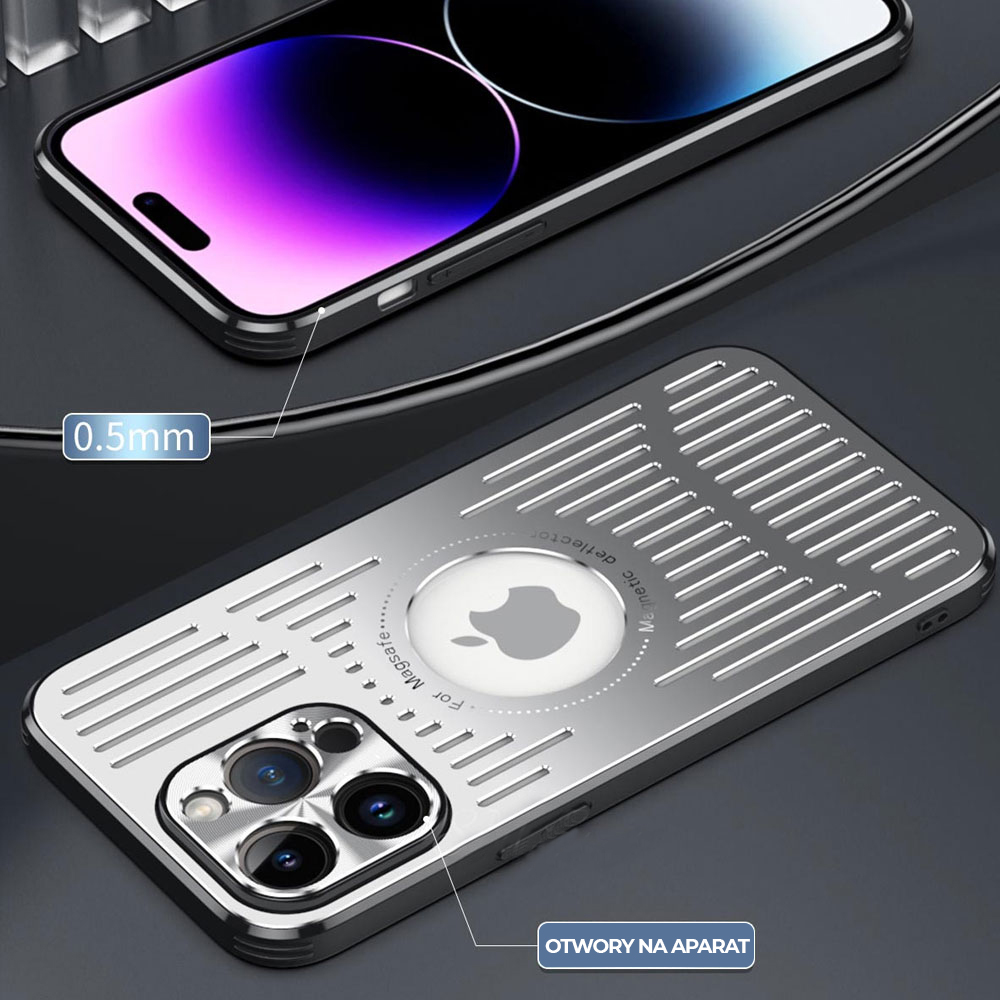 Etui do iPhone 14 Pro Metal Defender z osłoną aparatu, metalowe z widocznym logo, srebrne