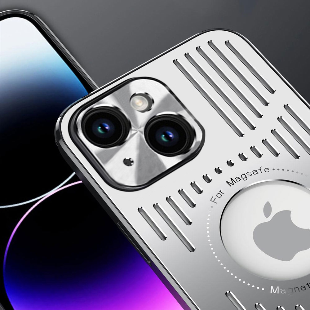 Etui do iPhone 14 Metal Defender z osłoną aparatu, metalowe z widocznym logo, srebrne