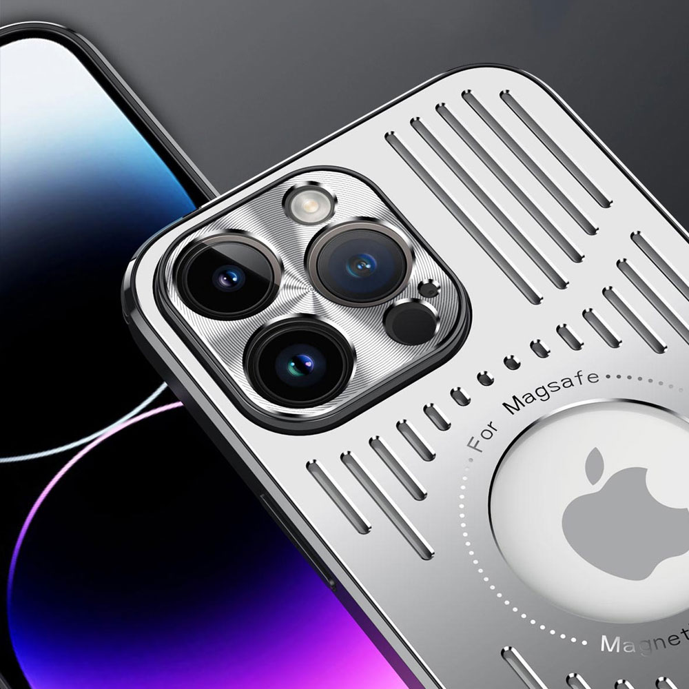 Etui do iPhone 14 Pro Metal Defender z osłoną aparatu, metalowe z widocznym logo, srebrne