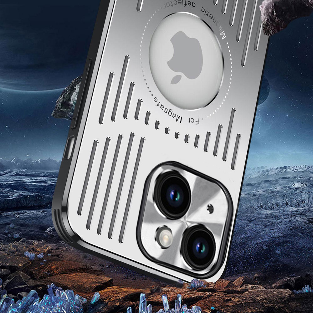 Etui do iPhone 14 Metal Defender z osłoną aparatu, metalowe z widocznym logo, srebrne