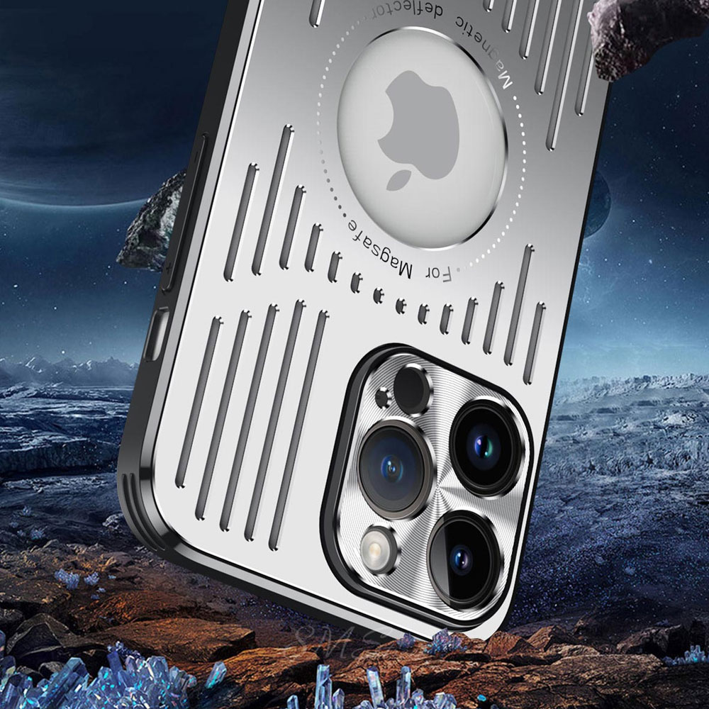 Etui do iPhone 14 Pro Metal Defender z osłoną aparatu, metalowe z widocznym logo, srebrne