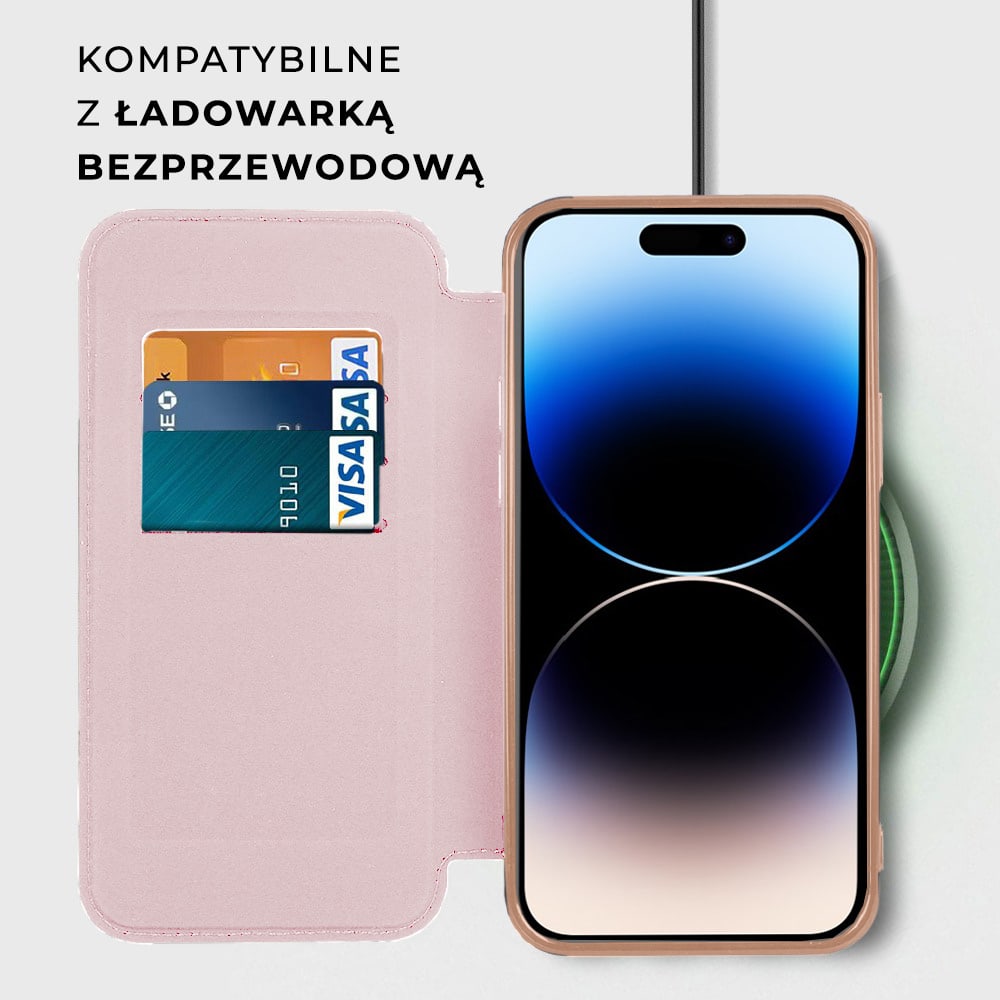 Etui do iPhone 14 Pro typu książka Book Magsafe Lens Protect, z klapką, ochrona aparatu i obiektywu, różowe