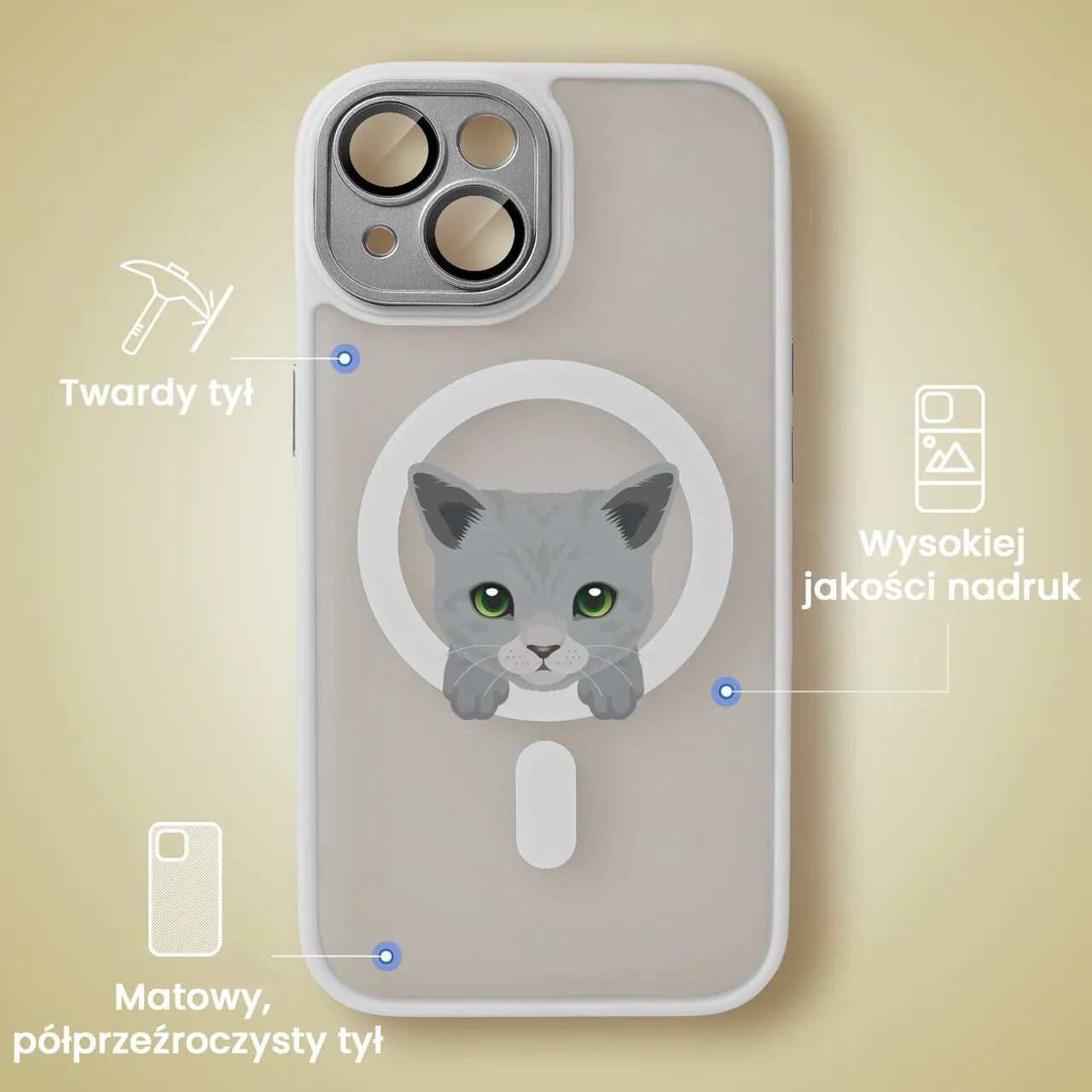 Etui do iPhone 14 Color Flush z Magsafe, z osłoną aparatu, kot brytyjski, popielate