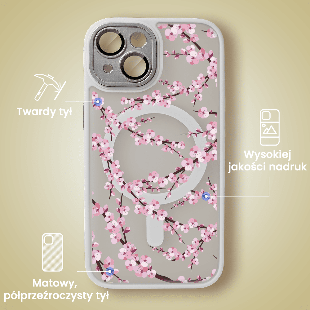 Etui do iPhone 13, Color Flush z Magsafe, z osłoną aparatu, z nadrukiem sakura, kwiat wiśni, popielate
