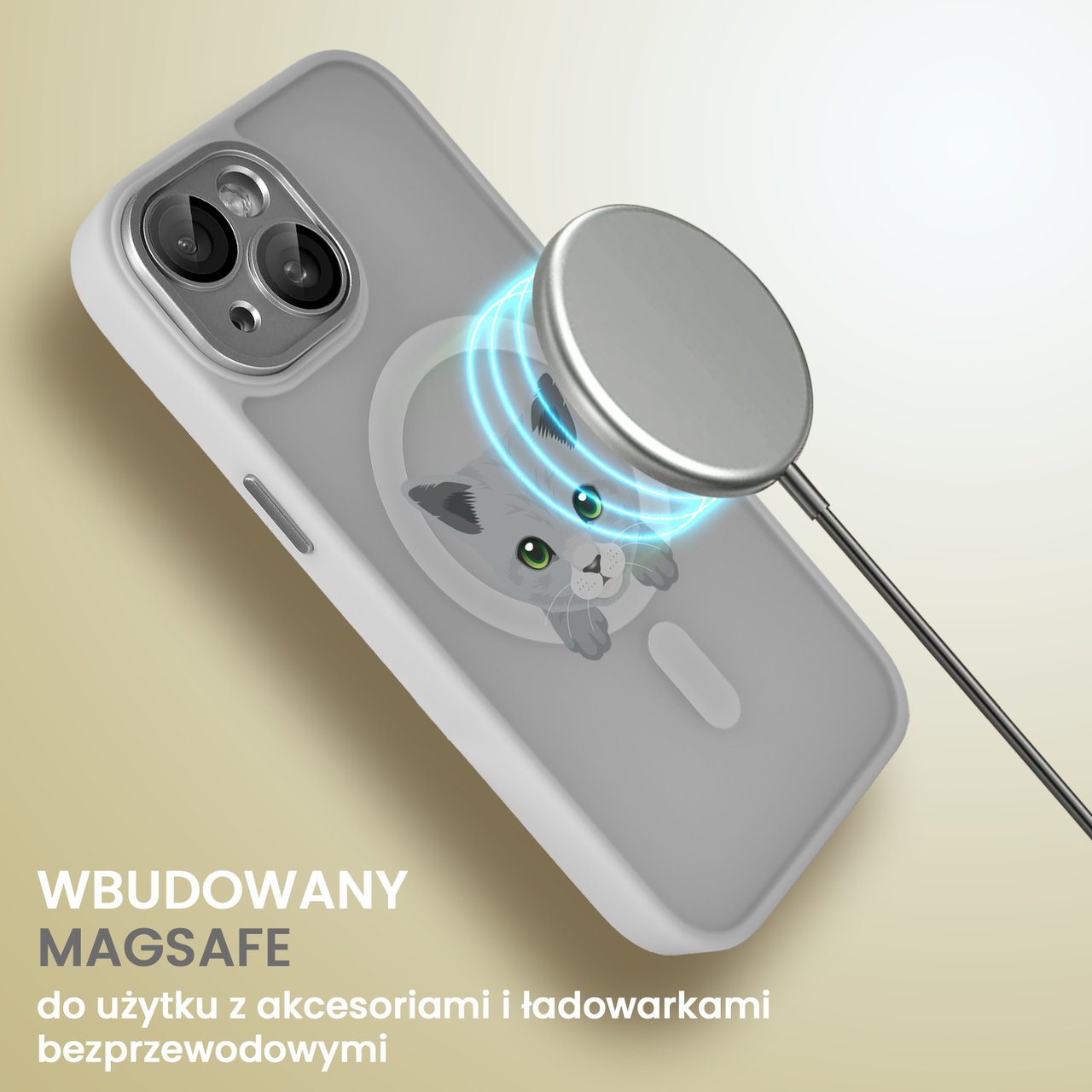 Etui do iPhone 14 Color Flush z Magsafe, z osłoną aparatu, kot brytyjski, popielate