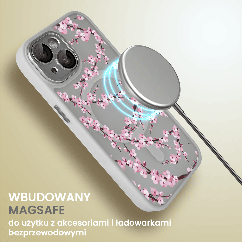 Etui do iPhone 13, Color Flush z Magsafe, z osłoną aparatu, z nadrukiem sakura, kwiat wiśni, popielate