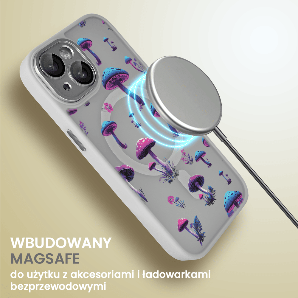 Etui do iPhone 15 Plus Color Flush z Magsafe, z osłoną aparatu, z nadrukiem magiczne grzybki, popielate