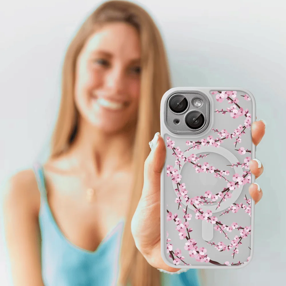 Etui do iPhone 13, Color Flush z Magsafe, z osłoną aparatu, z nadrukiem sakura, kwiat wiśni, popielate