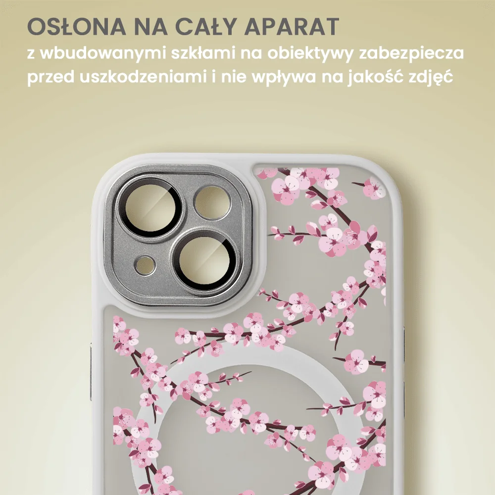 Etui do iPhone 13, Color Flush z Magsafe, z osłoną aparatu, z nadrukiem sakura, kwiat wiśni, popielate