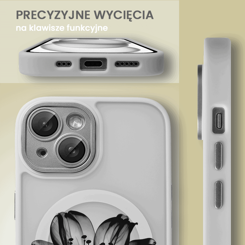 Etui do iPhone 15 Plus Color Flush z Magsafe, z osłoną aparatu, z nadrukiem czarny kwiat, popielate