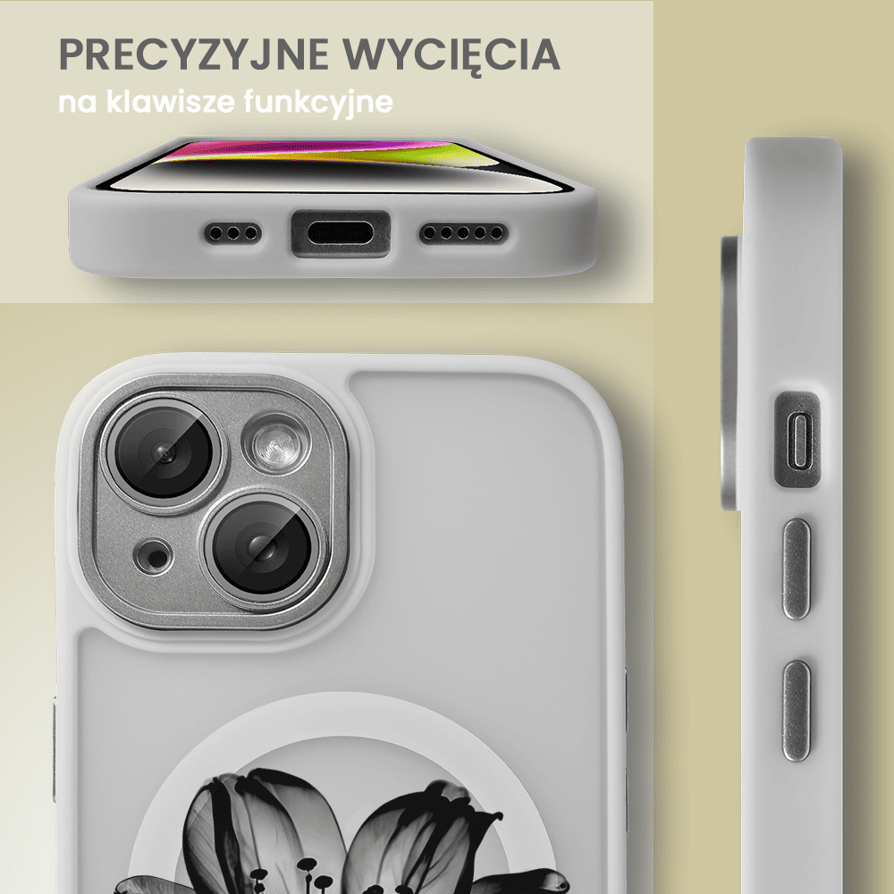 Etui do iPhone 13 Color Flush z Magsafe, z osłoną aparatu, z nadrukiem czarny kwiat, popielate