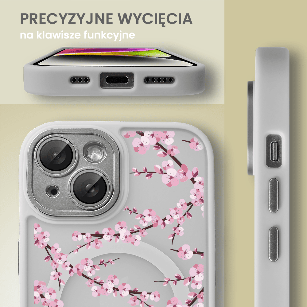 Etui do iPhone 13, Color Flush z Magsafe, z osłoną aparatu, z nadrukiem sakura, kwiat wiśni, popielate