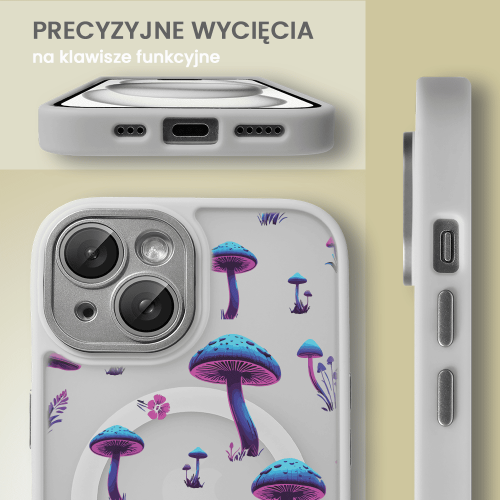 Etui do iPhone 15 Plus Color Flush z Magsafe, z osłoną aparatu, z nadrukiem magiczne grzybki, popielate